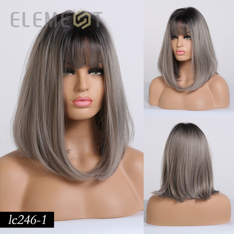 element krótki prosto pion peruki z grzywką Ombre czarny do herbata mleczna kolor peruki syntetyczne dla białych/czarnych kobiet