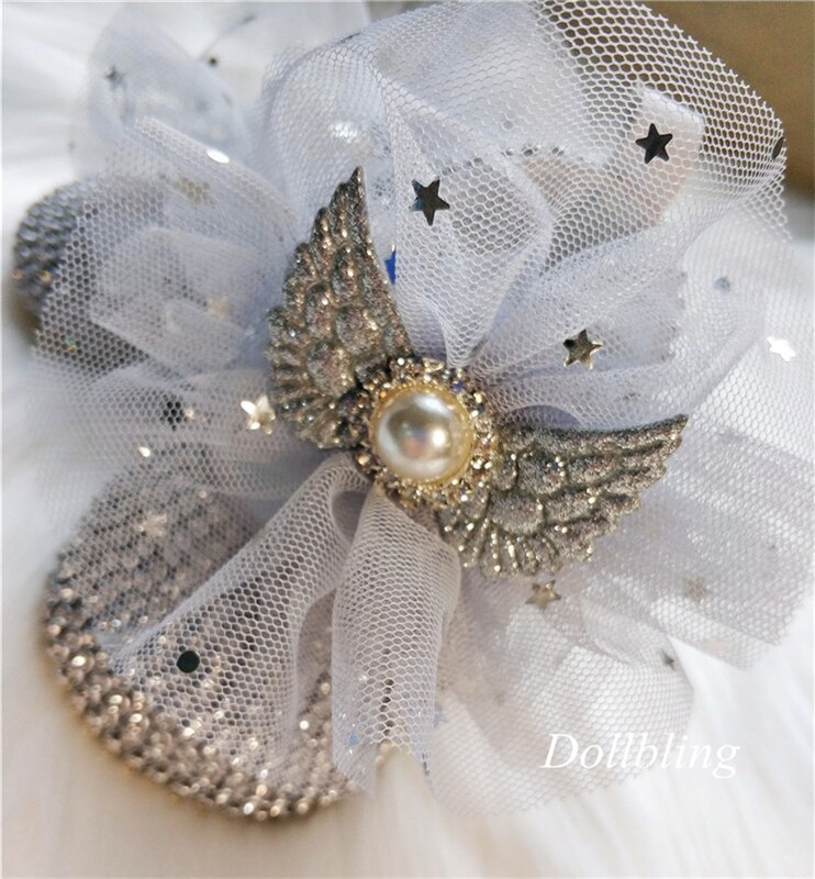 Original bebé hecho a mano azul estrellas gasa perla alas cristal zapatos princesa cumpleaños banquete Luna Llena foto de 100 días
