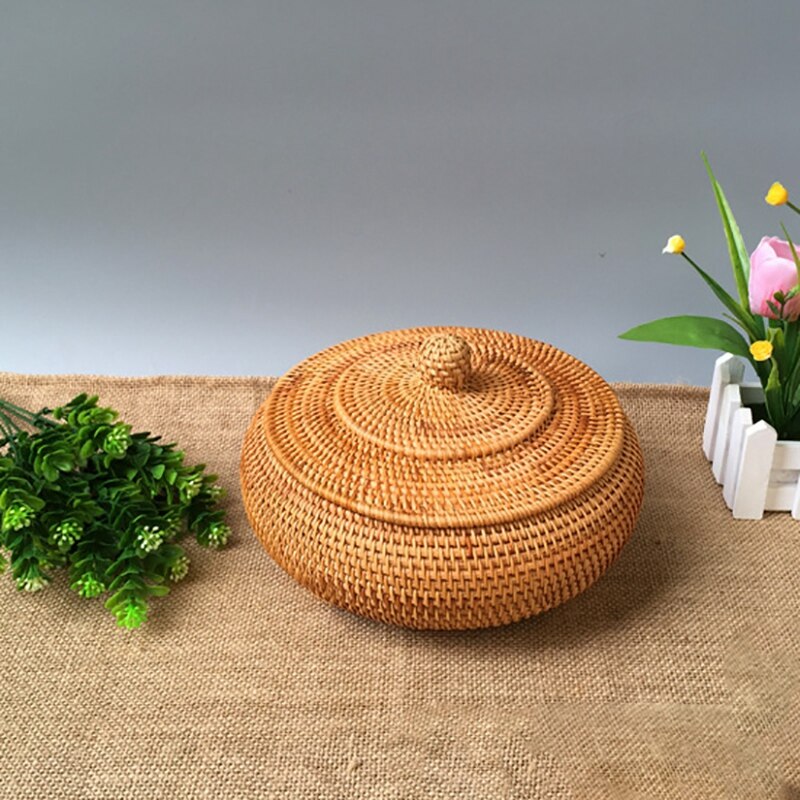 Förvaringskorg handvävd rotting vävd med lock rund primärfärg kinesiska smycken snacks te set förvaringslåda 22 x 13cm