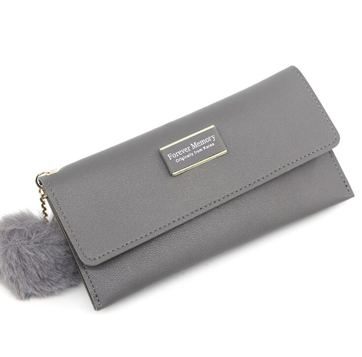 femmes sac à billes gland portefeuille en cuir synthétique polyuréthane Furry boule pendentif mi-long portefeuille couleur bonbon Style européen et américain portefeuille: GRIS