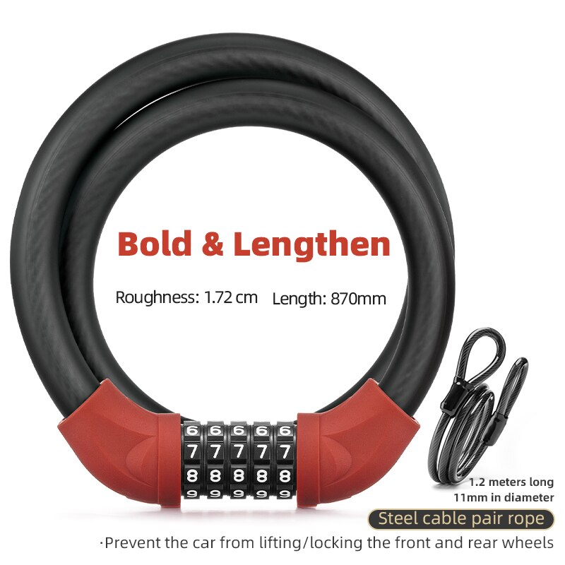 ROCKBROS 87CM Bike Lock Steel Five-digit Code Anti-theft 1.72CM Bold Cable Password Lock PVC Wrapped Lock MTB Road Accessories: RKS870-RD-1