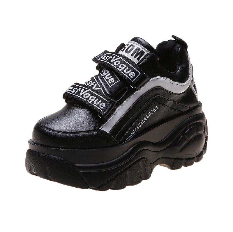 Women's Platform Sneakers - 7cm Heel Height - PU Leather - Lace-Up - Height Increasing Sport Shoes: Black / 7