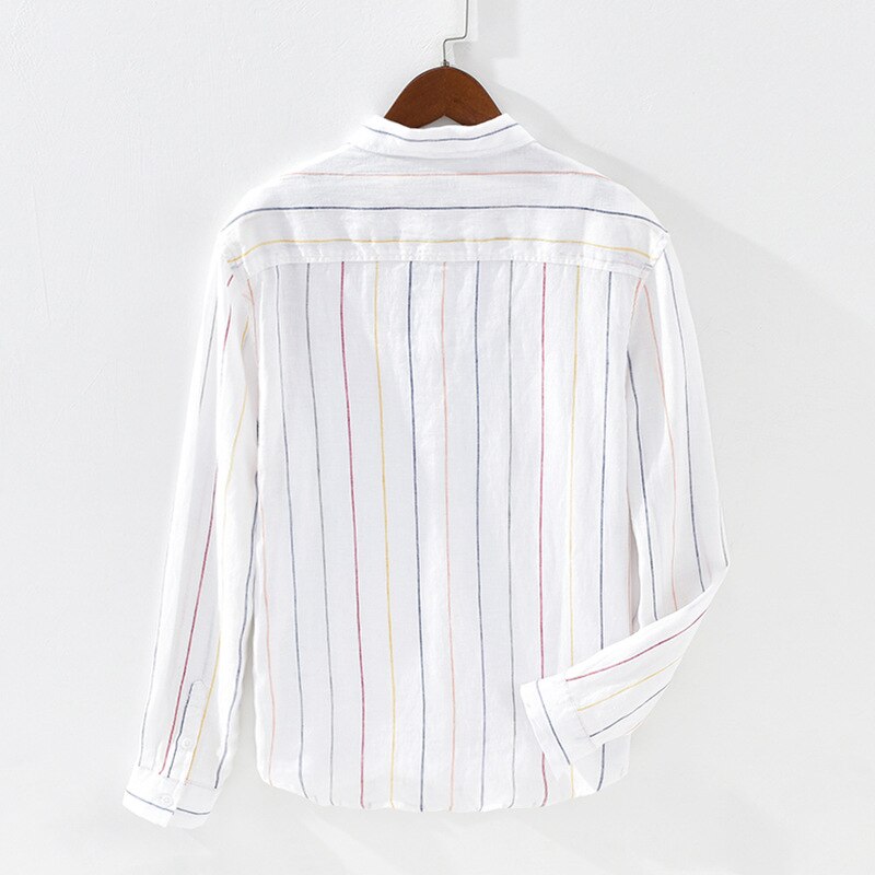 Gestreept overhemd van zuiver linnen voor heren, lange mouwen, ademend, gemaakt van hennep, gml 03-1932