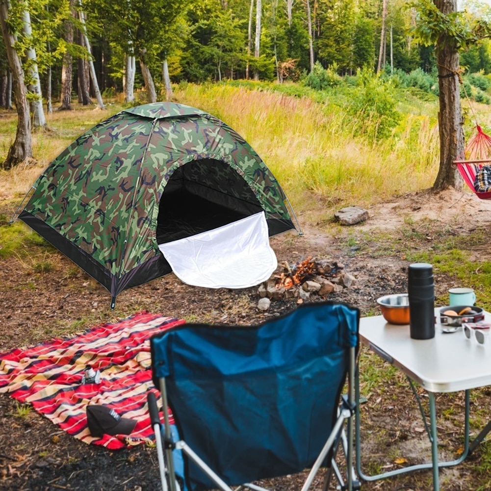 3-4 Personen Camping Tent Camouflage Polyester Enkele Laag Tent Voor Outdoor Reizen Wandelen Waterdichte Onderdak Tent