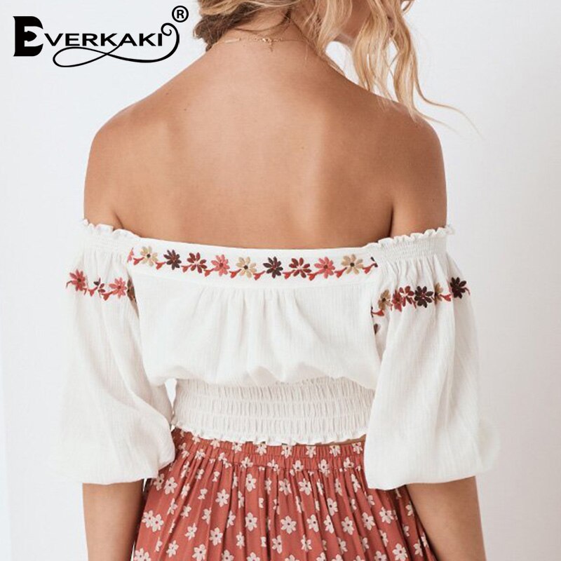 Everkaki Boho Floral broderie femmes Blouse hauts courts hors épaule à lacets Vintage gitane Top Blouses femme automne