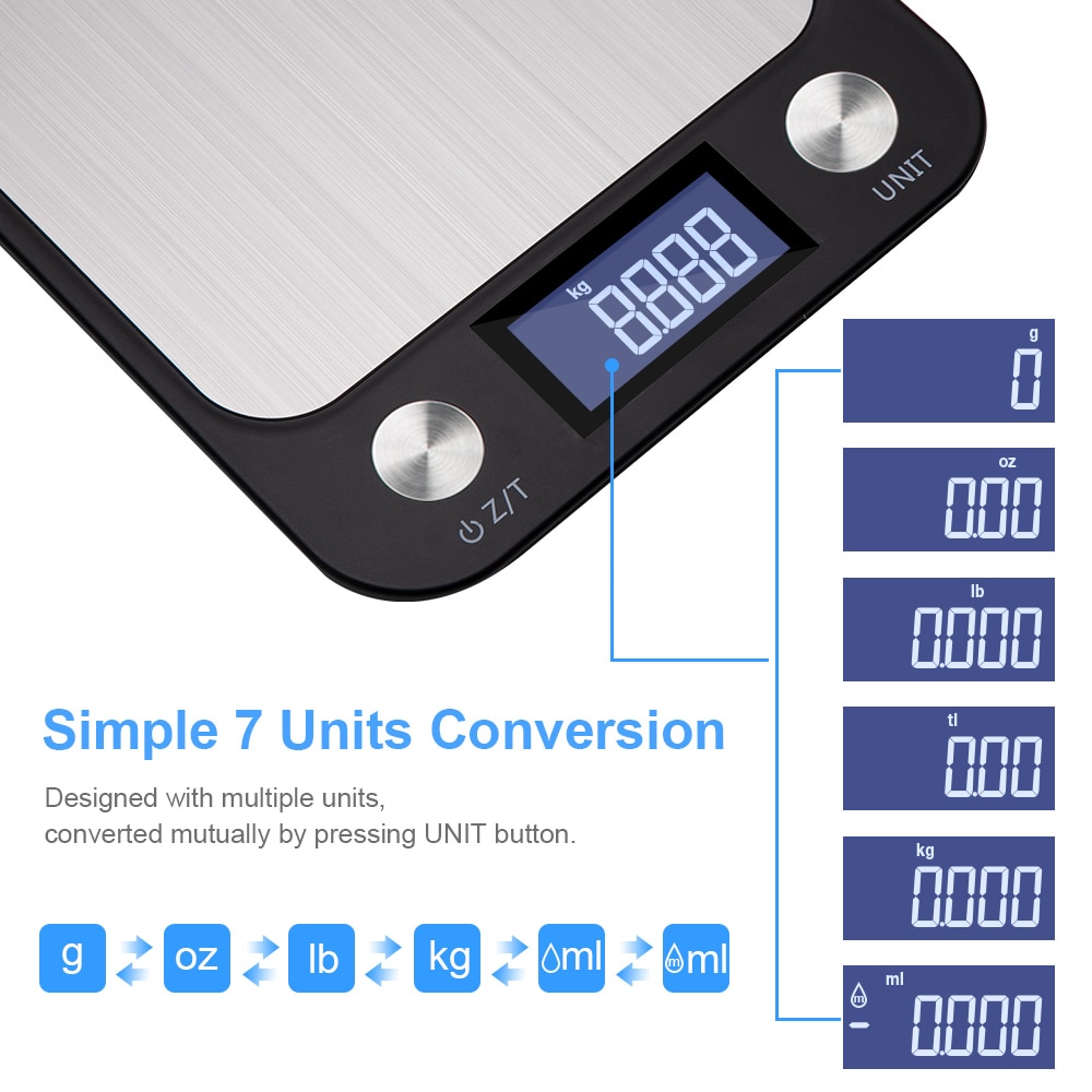 Báscula de cocina con botón táctil, balanza Digital multifunción de acero inoxidable para pesar alimentos, 10kg x 1g, pantalla LCD