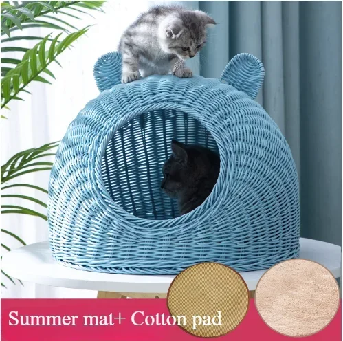 Håndvævet naturligt pilebur til katte udendørs kattebur indendørs til kæledyrshuse kæledyrsrede: L / Blå