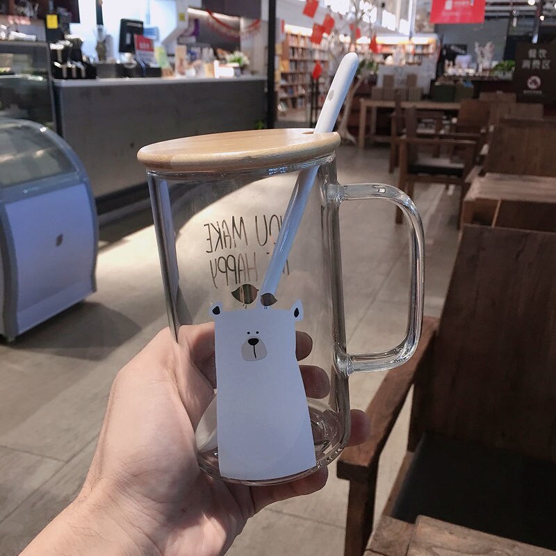 High borosilicate glass Glass Cup Bear Pattern Transparent Glass Bottle Drinking tea cup with Straw with Lid Cute Large Capacity: with cover Spoon1