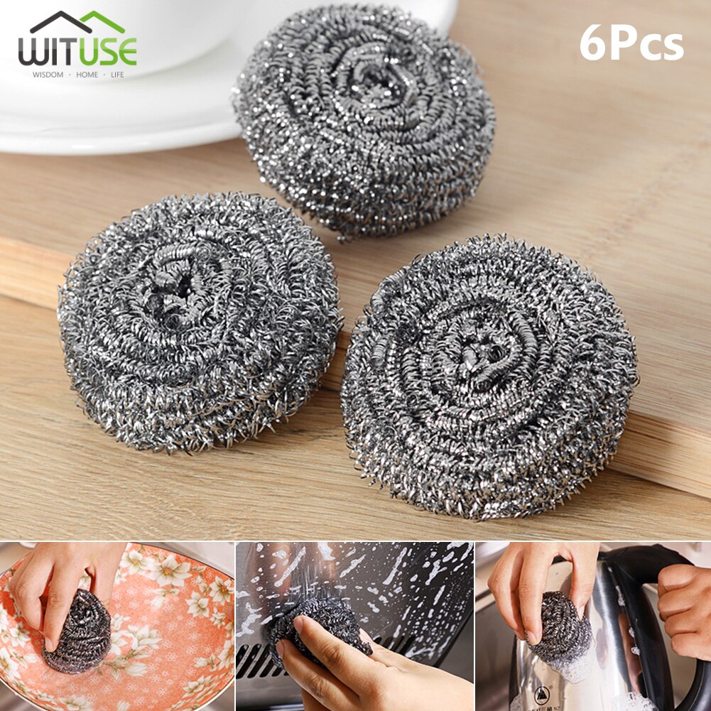 6pcs Stainless Steel Kitchen Sponge For Washing Dishes Scrubbers Cleaning Kitchen Utensil Spiral Scourers Cleaner For Pan Bowl