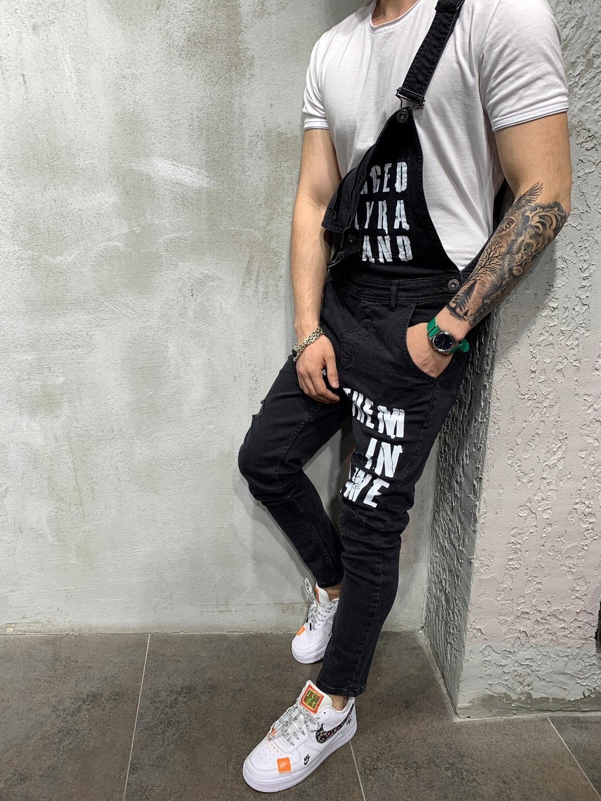 Hiphop heren gescheurde jeans denim tuinbroek met bretels voor heren s-xxxl
