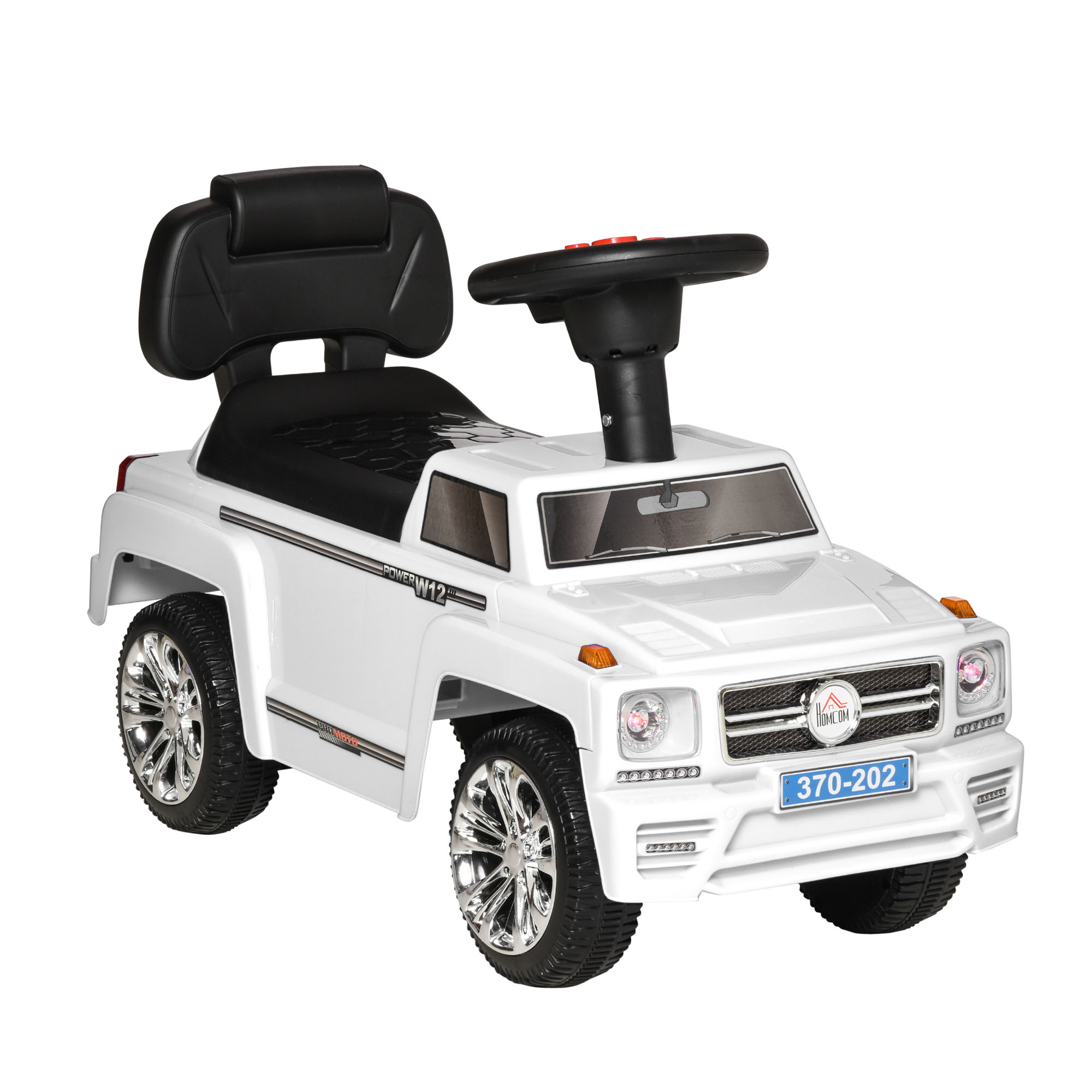HOMCOM Coche Correpasillos para Bebé de 18-36 Meses Coche sin Pedales con Faros Música Bocina Compartimento de Almacenaje y Respaldo Alto 68x30,5x41,5 cm: White