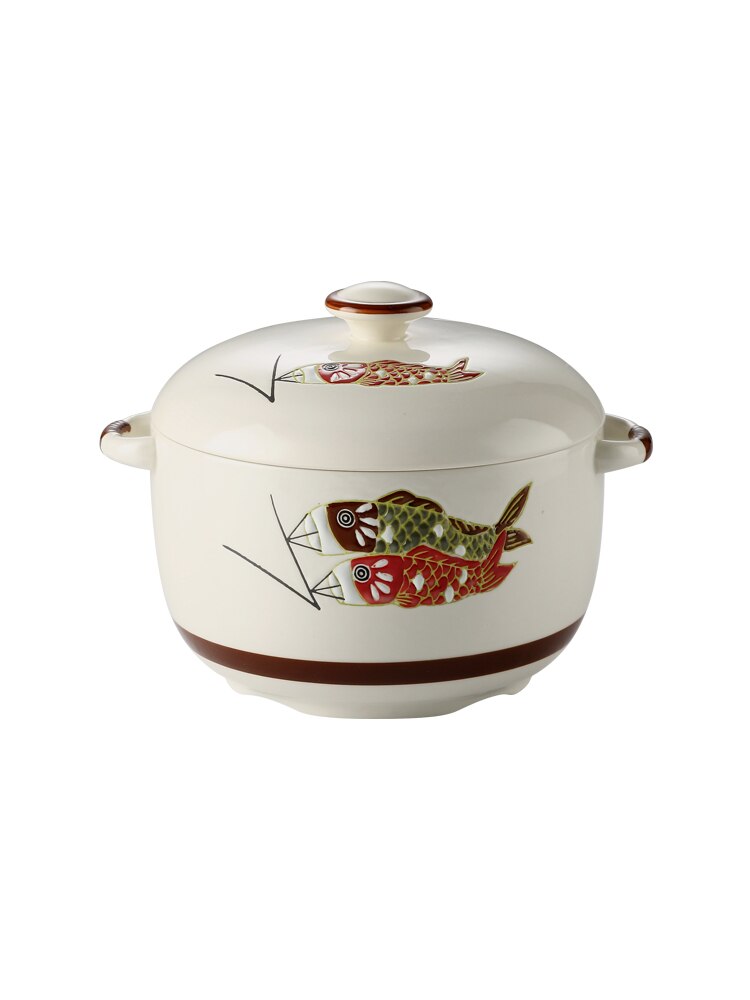 Japanese Hand-painted Ceramic Stew Pot With Lid Spoon Fish Flower Pattern 1L Soup Pot Household Dessert Tank