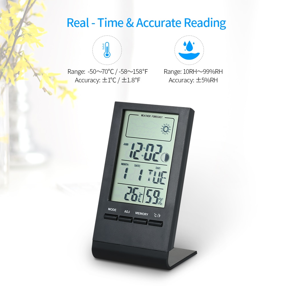 Mini Digital Thermometer Hygrometer Indoor Temperature Humidity Meter Gauge Clock Weather Station Forecast Max Min Value Display