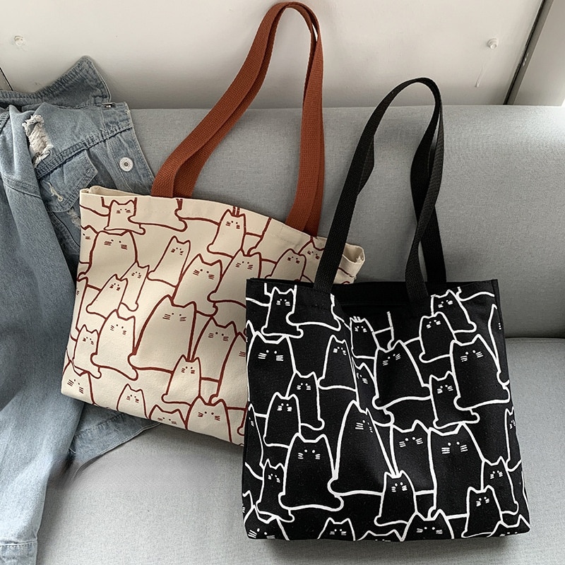 Sac à main en toile de grande capacité pour femmes, fourre-tout avec fermeture éclair, motif chat mignon, petit sac à bandoulière de styliste de Style japonais