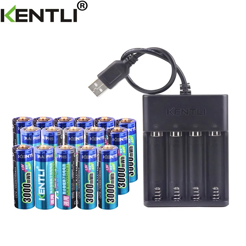 KENTLI 1,5 V 3000 mWh Lithium-Li-Ionen-AA-AA-Akku + 4-Kanal-Polymer-Lithium-Li-Ionen-Akku, Ladegerät