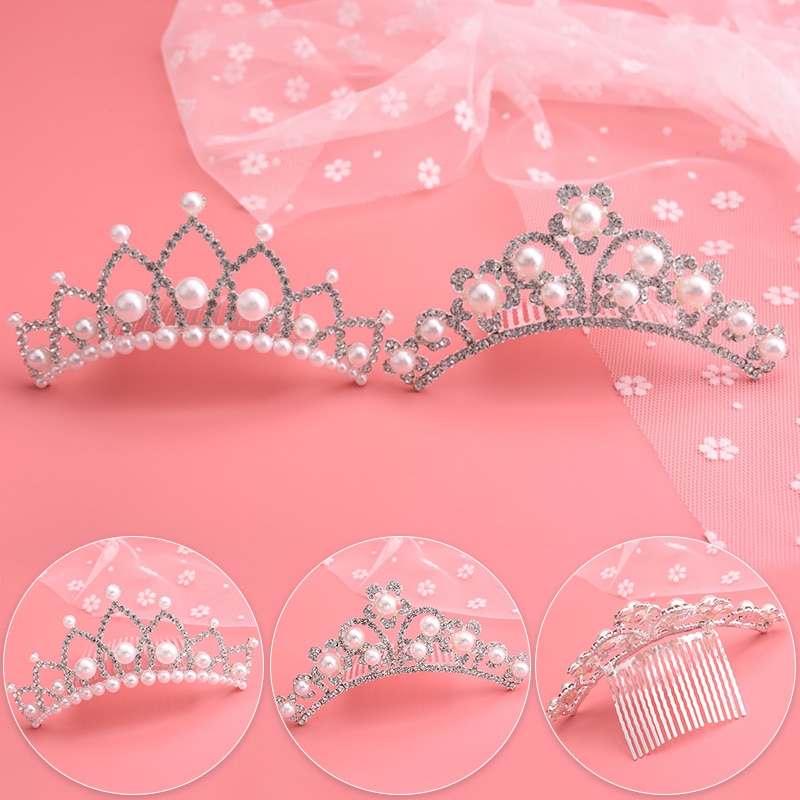 Princess Crystal Pearl Crown Bridal Tiaras Rhinestone Pageant Diadem Kid Girls Bride Headband Wedding Party Hair Accessories