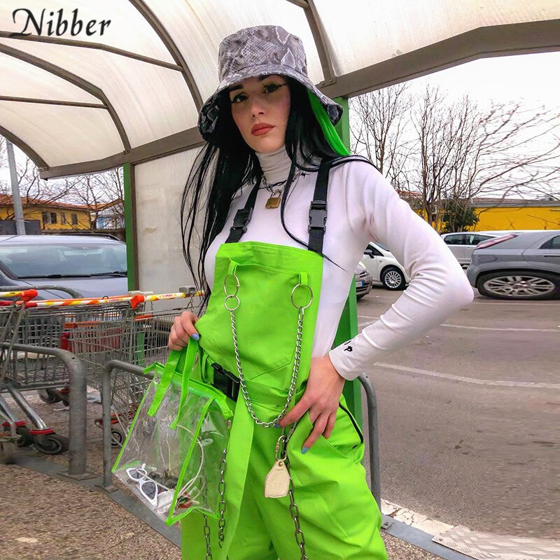 Nibber Fluorescent green Bib pants women's Street black casual pants playsuits 2019spring ladies Solid Full jumpsuits