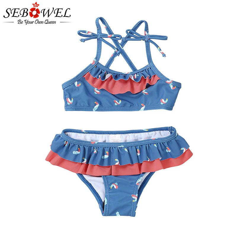 Sebowel sejl blå små piger flæse bikini med print teen badetøj teeneger piger badedragt bikini maillot de bain femme: L