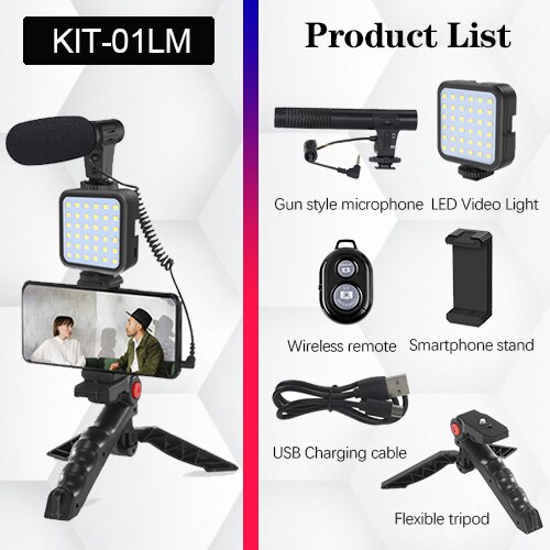 DSLR SLR Phone Vlog Photography Tripod Shoe Smartphone Holder with Bluetooth Remote Microphone LED Light Photo Studio Kit: KIT-01LM