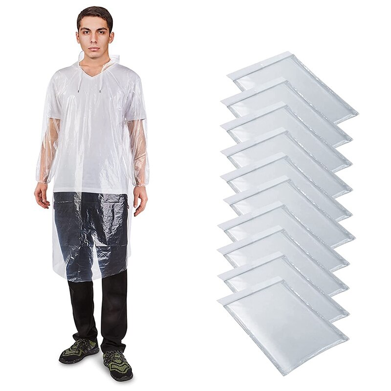 10Pcs Disposable Rain Ponchos,Transparent Waterproof Raincoat with Drawstring Hoods,Portable Raincoat Outdoor Activities