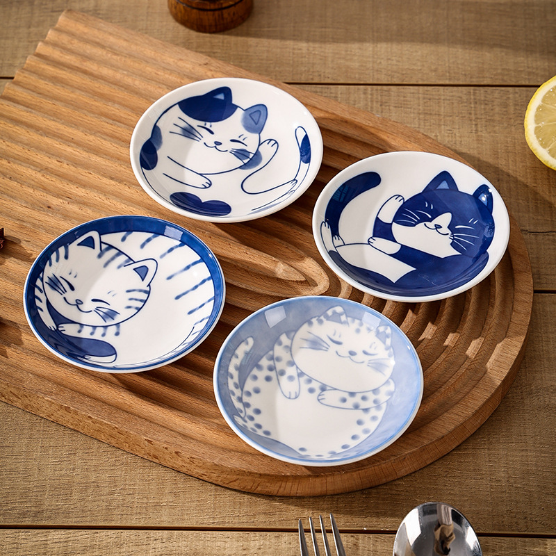 Plato de salsa de postre de cerámica de estilo japonés, vajilla creativa con bonito dibujo de gato de la suerte, platos de Sushi de fruta con forma de gota de agua