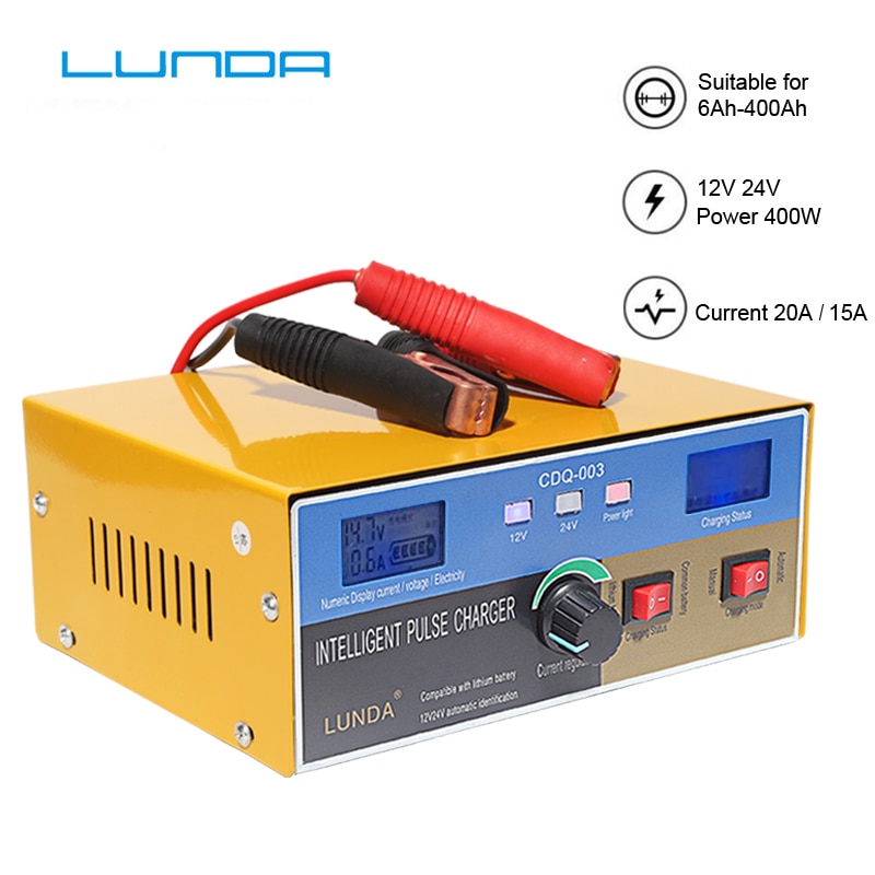 12V/24V 20A/15A 400W 6AH-400AH Smart Pulse Repair Battery Charger and Maintainer Lithium/Lead-Acid Battery for Car Motorcycle
