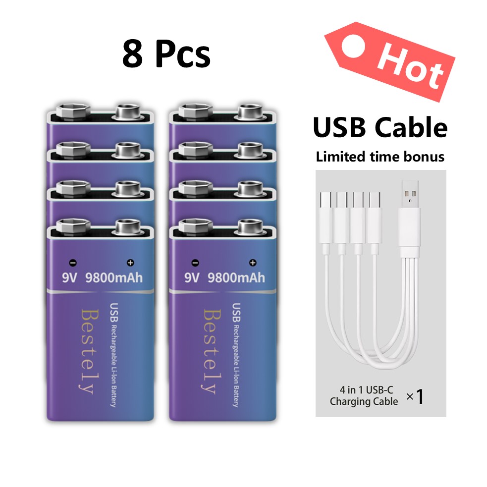 Baterías recargables estándar de 9 voltios, batería de litio tipo C de 9 V de gran capacidad de 9800 mAh, batería de autodescarga baja precargada: Azul cielo