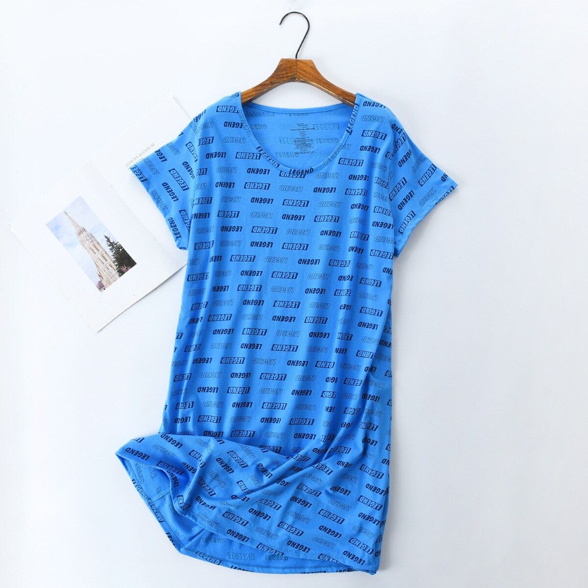 Plus Size Zomer Vrouwen Blauw Nachthemd Korte Mouw Ronde Kraag Nightgowns Vrouwelijke Casual Brief Print Nachtkleding Sleepdress Xxxl