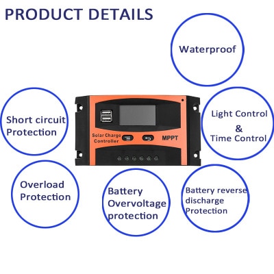 Solar Charge Controller USB LCD Display 12V/24V 30A 40A 50A 60A Auto Solar Cell Panel Charger Regulator Lithium Battery DIY