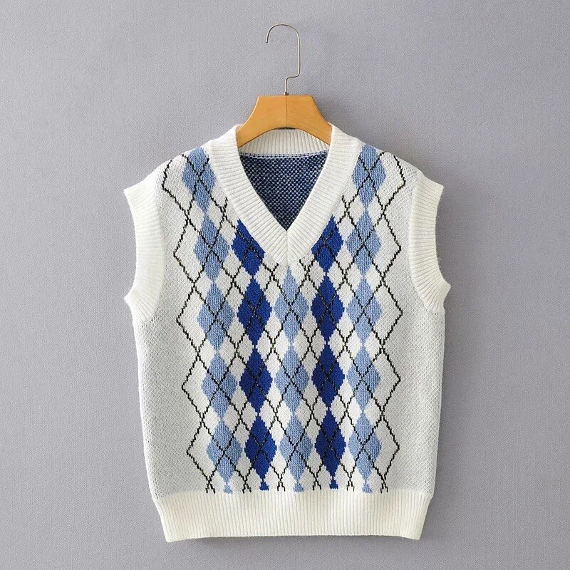 Casual Argyle Cropped Sweater Vest Women Sleeveless Knitted Pullover Ladies V Neck Preppy Style Plaid Tank Jumpers Autumn Winter: C