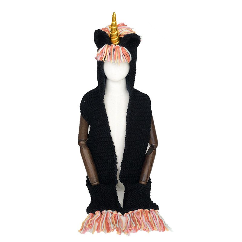 Kids Girls Rainbow Unicorn Soft Skullies Beanies Hats Shawl Scarf Set With Two Pockets Warm Knitted Bonnet Cap Christmas: C gold horn / S