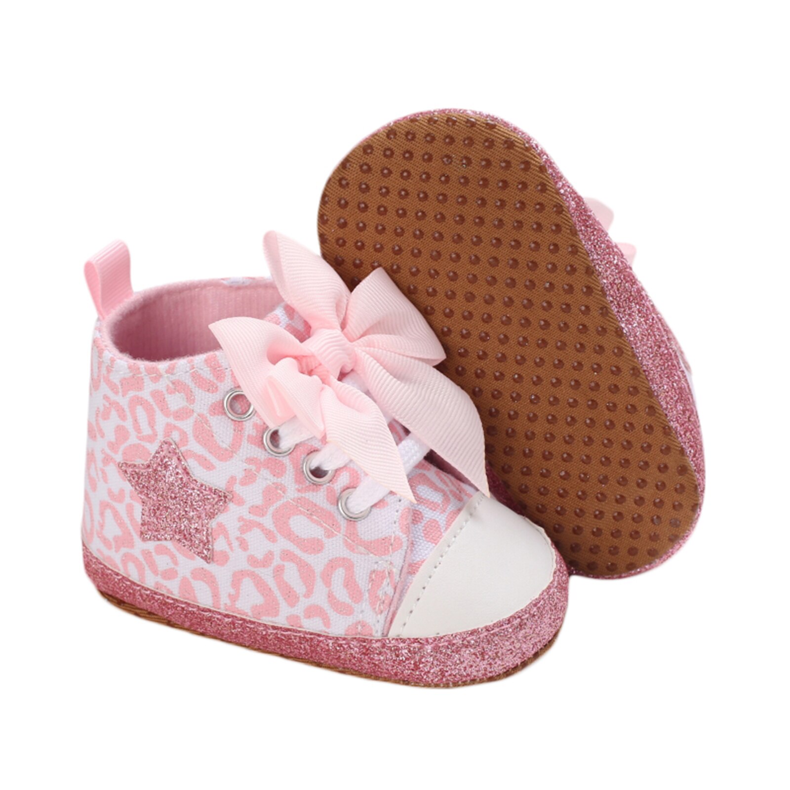 Emmababy – chaussures pour bébé fille, léopard/étoile, cheville haute, nœud papillon, marche, semelle souple, d'anniversaire, première marche: 02 / 0-6 Months