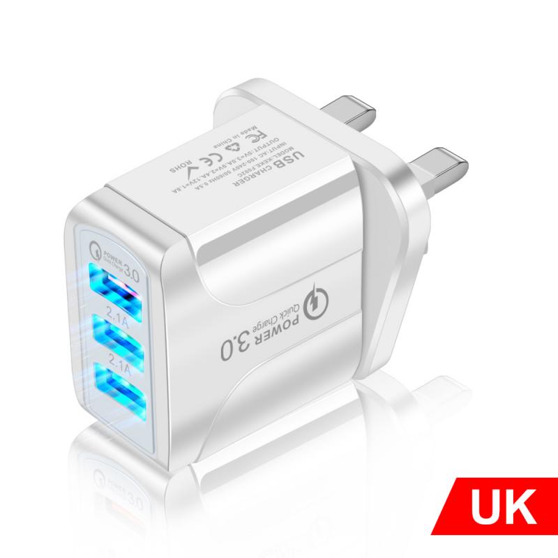 Cargador luminoso 3USB 2.4A para teléfono inteligente, cargador de paso para tableta, cargadores de teléfono móvil, telecomunicaciones: UK white