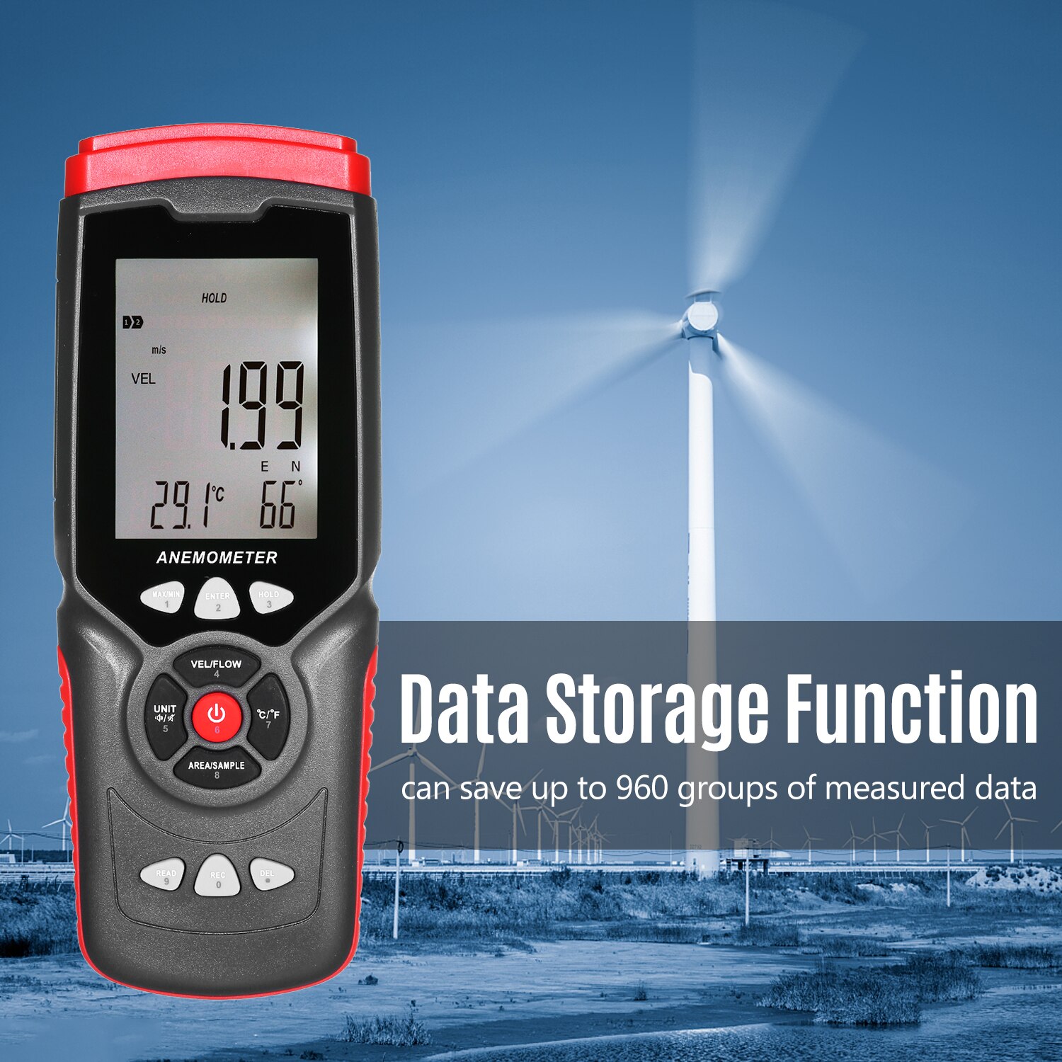 Handheld Digital Anemometer Multifunction Anemograph with Detachable Auxiliary Fan Air Meter with Storage Case