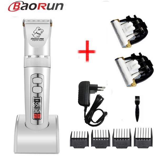 Baorun  p9 hund hår trimmer husdjur klippare hund trimning lcd display katt hund hår rakapparat husdjur klippmaskin: P9 vita lägg till 2 blad