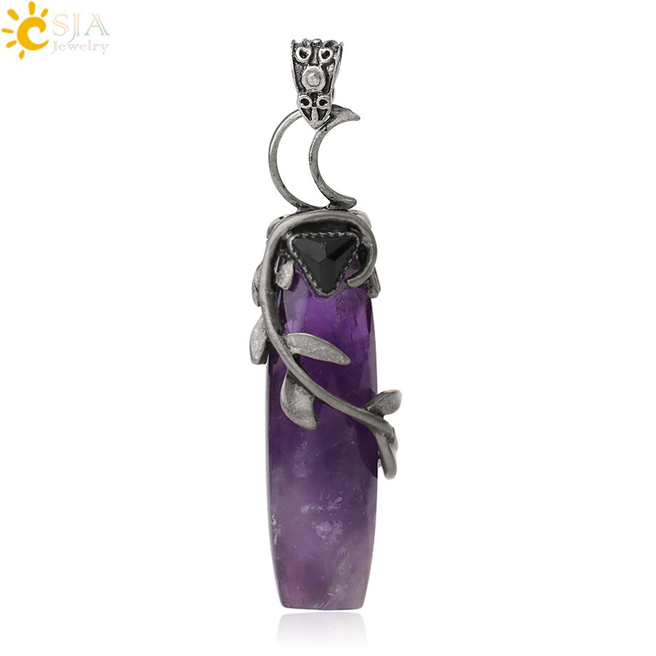 CSJA Antique Silver Color Pendant Necklaces Natural Crystal Stones Leaves Winding Faceted Rectangle Long Pendants Women Men G587: Amethyst