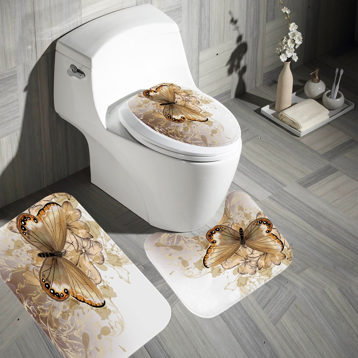 Golden Blue Butterfly Flower Polyester Waterproof Shower Curtain Bathroom Curtains Set Non-Slip Rug Toilet Lid Cover Floor Mats: 3 PCS Mats - A