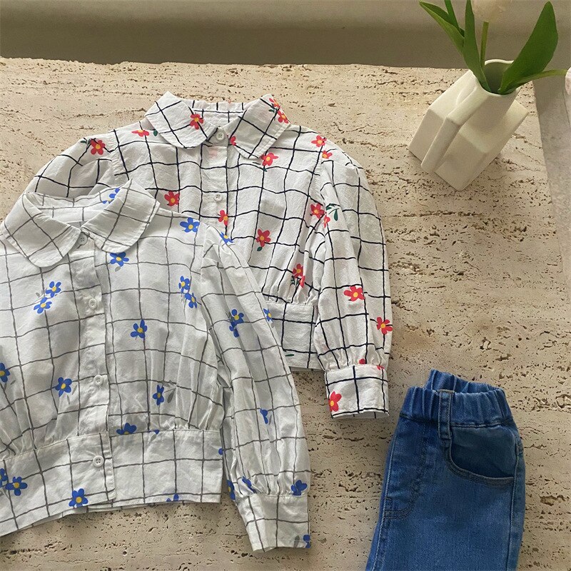 9927B Meisje Kleding Bloemen Shirts Koreaanse Voorjaar 2022 Revers Meisjes Shirts Korte Gedrukt Katoen Kid 'S Tops 1-7Year Meisje blouse