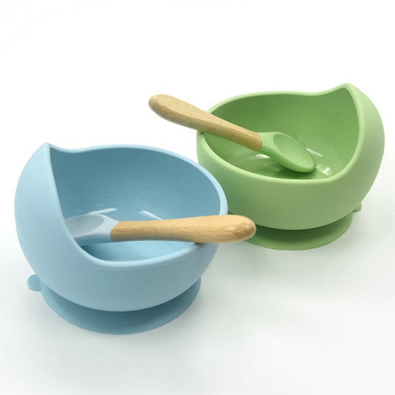 Baby siliconen voedingsset houten lepel zuigkom babybord kinderen peuterhulp servies bpa-vrij siliconen babyverzorging