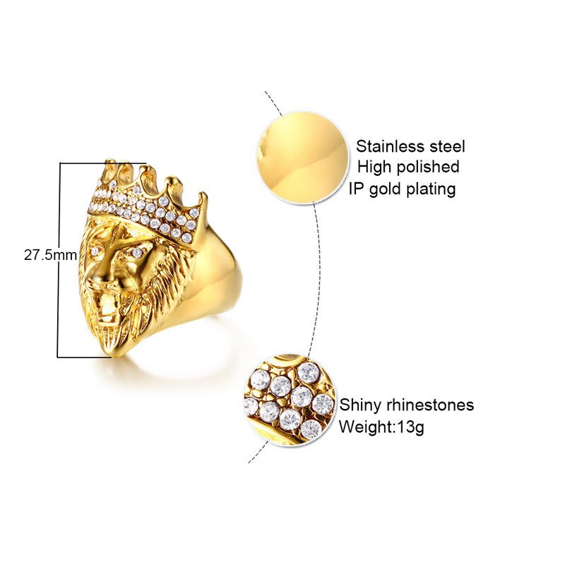 ZORCVENS-anillo clásico de acero inoxidable 316L para hombre, joyería Punk, Hip Hop, banda para la cabeza de león, Color dorado