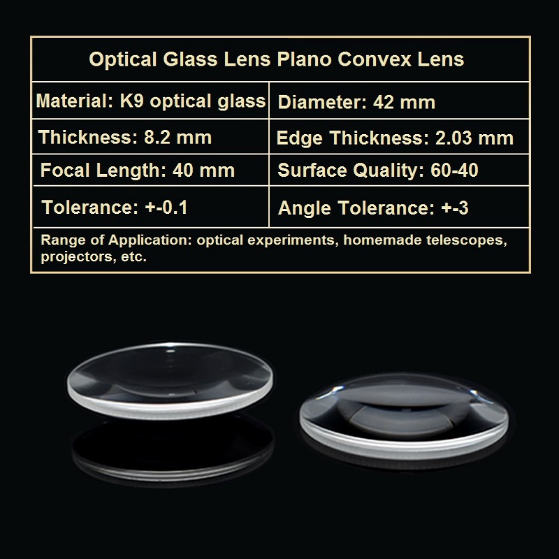 K9 optisk glasslinse plan konveks linsediameter 42mm konveks linse brennvidde 40mm spotlight bildebehandling eksperiment scenelys