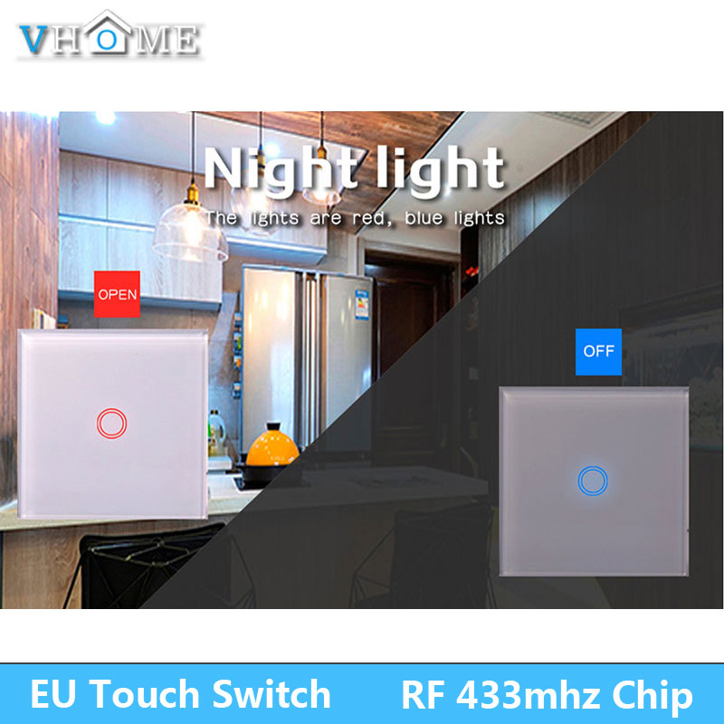 EU Standard VHOME Smart Touch Switch 2 Gang 1 Way,White Crystal Glass Switch Panel Sensor Switch with Wireless RF433Mhz Remote