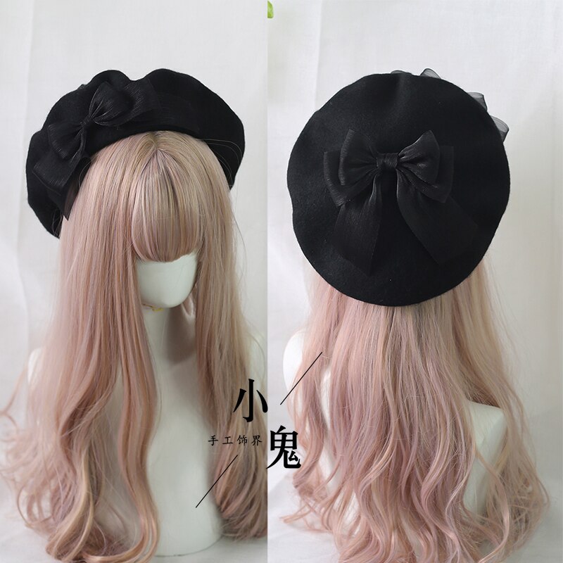 Muticolors Lolita berety mieszanka wełny kapelusz kobiety kokardka dziewczęca styl marynarski elegancki, szykowny czapka studencka: Black