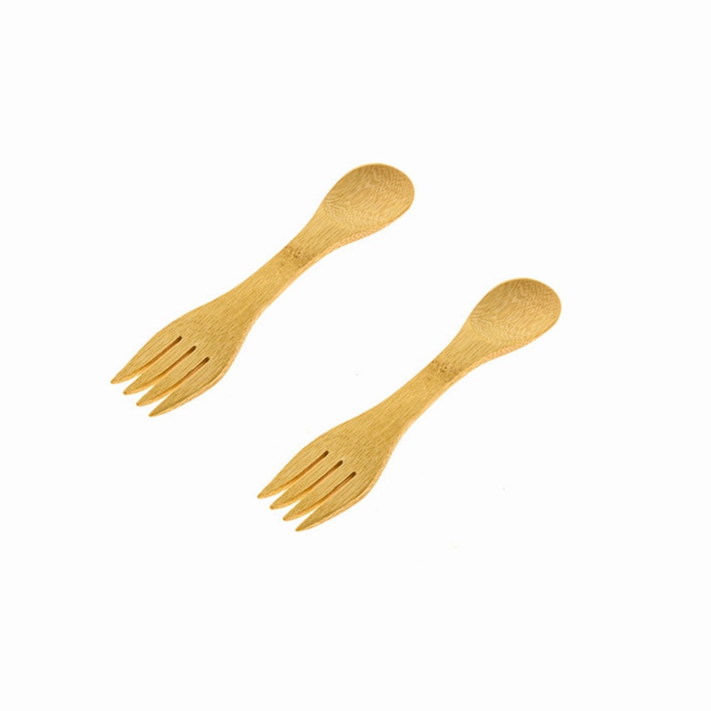 Herbruikbare Bamboe Spork Met Twist Rvs Rietje Nul Afval Bamboe Gebruiksvoorwerpen 2 In 1 Bamboe Lepel Houten Vork te Gaan: 2pcs sporks