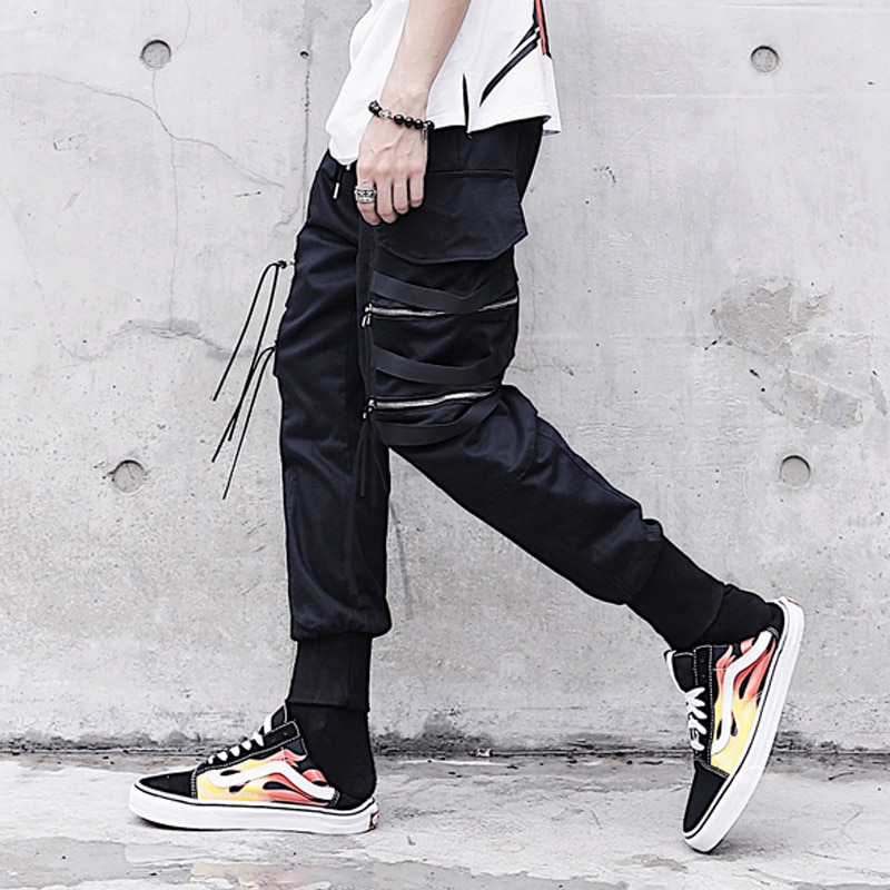 Mænd sorte bånd bukser joggers hiphop streetwear hip hop harem bukser mænd jogger tøj  hh319