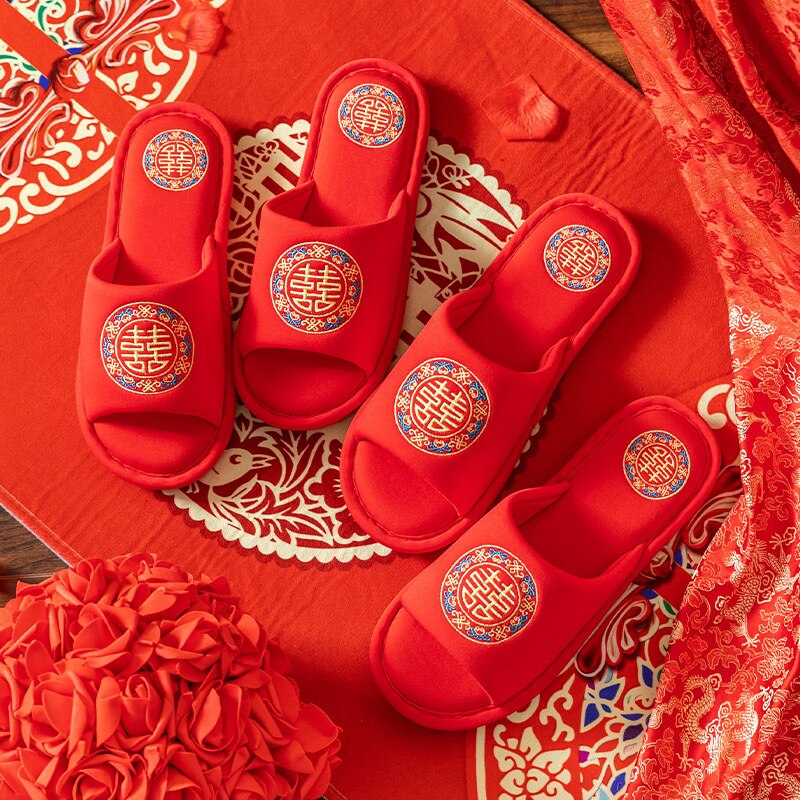 Bruiloft Slippers Lente, zomer En Herfst Indoor Bruiloft Vloer Slippers Grote Rode Feestelijke Paar High-End Bruid En Bruidegom