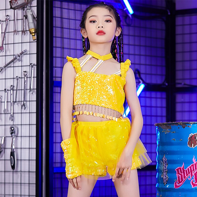 Taniec biodro chmiel kostiumy dziewczyny żółty cekiny cheerleaderek wydajność zestaw taniec uliczny ubrania dzieci jazz etap nosić DNV13414