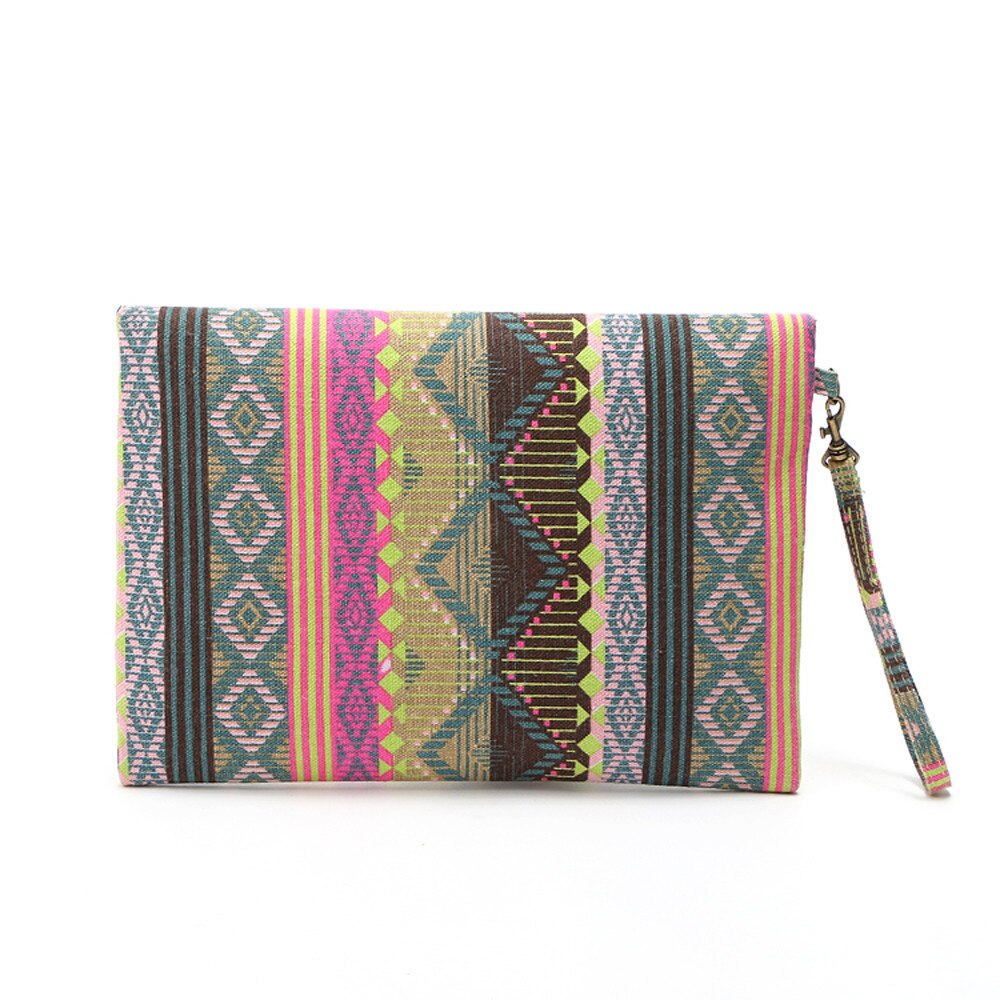 Boho randigt tryck canvas lång dam plånbok dam korthållare tribal kvinnlig handväska väska med kopparaktig dragkedja #f