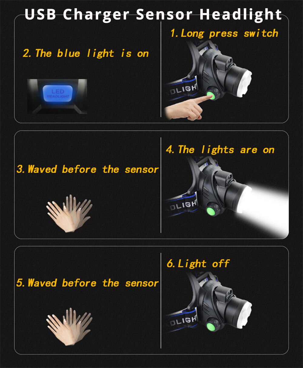 7000LM más potente Sensor IR linterna frontal T6/L2/V6 linterna USB recargable de pesca Zoom linterna impermeable