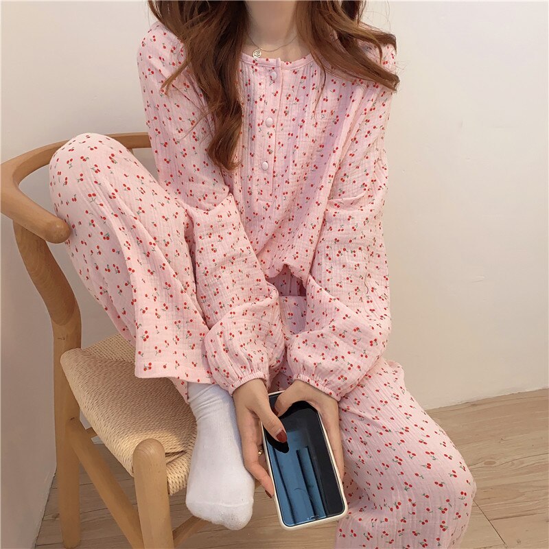 Pyjamas bomuld kvinder kirsebær print nattøj langærmede toppe+bukser 2 stk hjemmetøj løs o-neck pullover pyjamas komfortabel  s1027